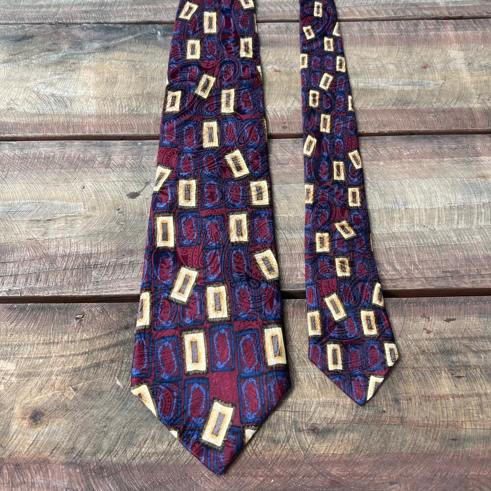 Vintage J.Z. Richards Nordstrom Silk Tie | Burgundy Gold Geometric USA Handmade